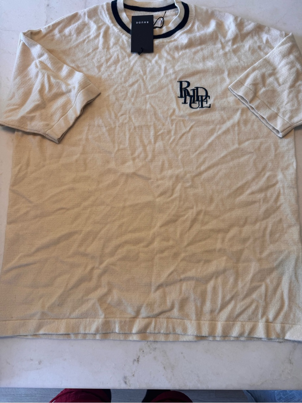 Rhude Cream Short-Sleeve Crewneck T-Shirt with Navy Trim and Chest Monogram